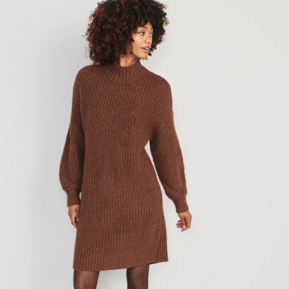 Old Navy mock-neck sweater shift dress in “horsing around” warm brown color